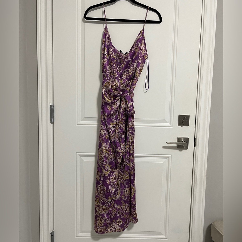 Zara Women’s Satin Effect Lavender Paisley Bow Tie Wrap Midi Dress - Size S